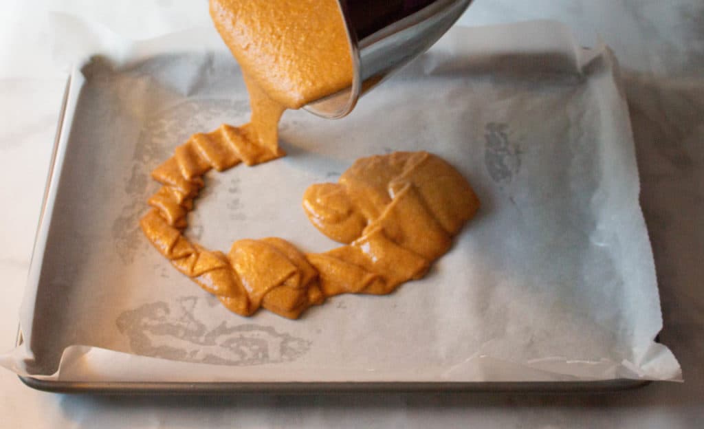 Adding the cake batter to the jelly roll pan lined with parchment paper_2
