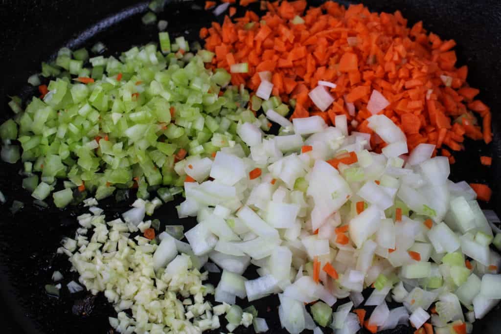 Carrots, Onions, Celery and Garlic in Frying Pan