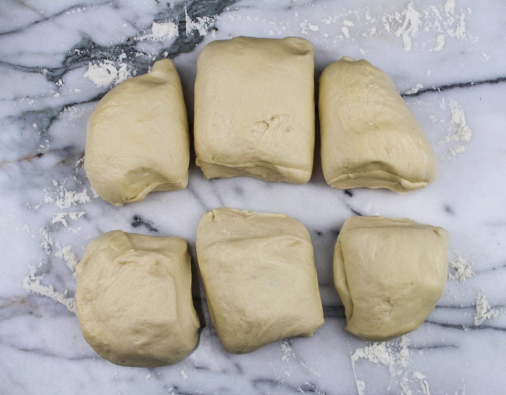 Dough cut into six pieces
