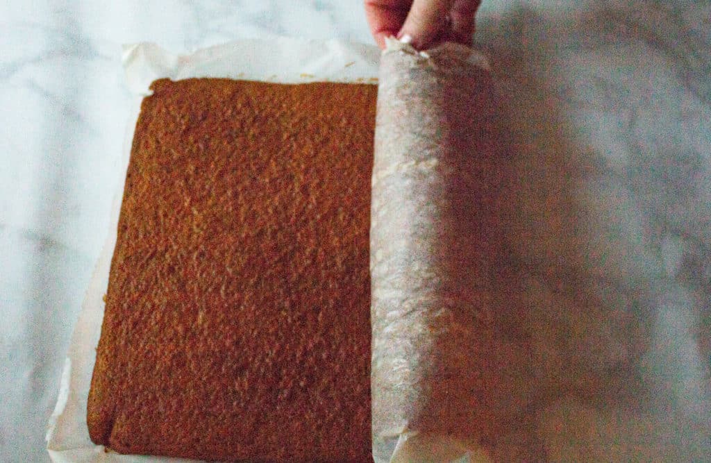 spreading the cake batter to the jelly roll pan lined with parchment paper_2