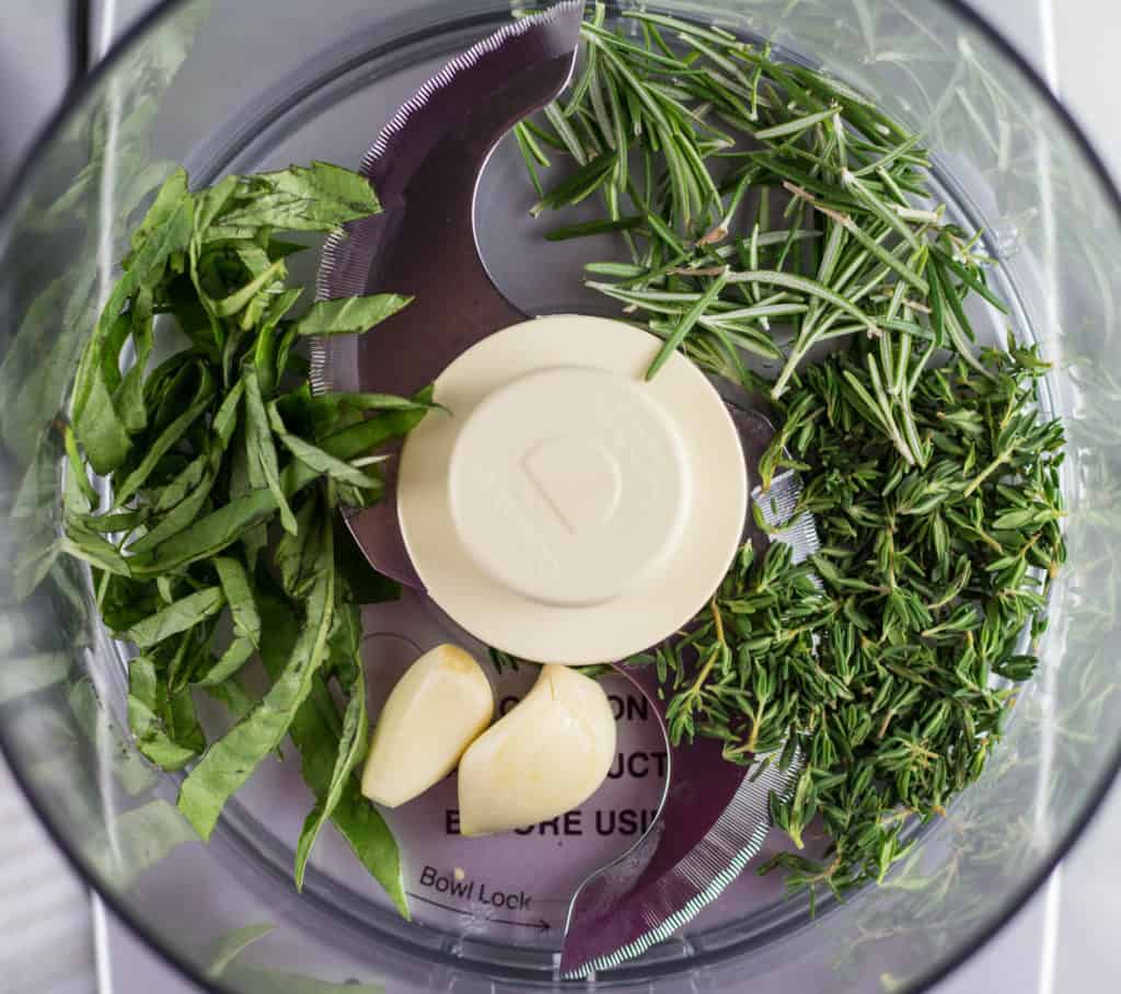 Rosemary, Thyme, Basil, Garlic in Food Processor